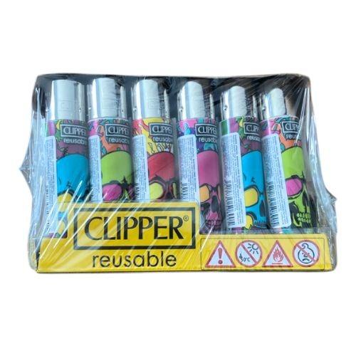 ISQUEIRO CLIPPER MAXI COLORFUL SKULLS 1+LB CX/24