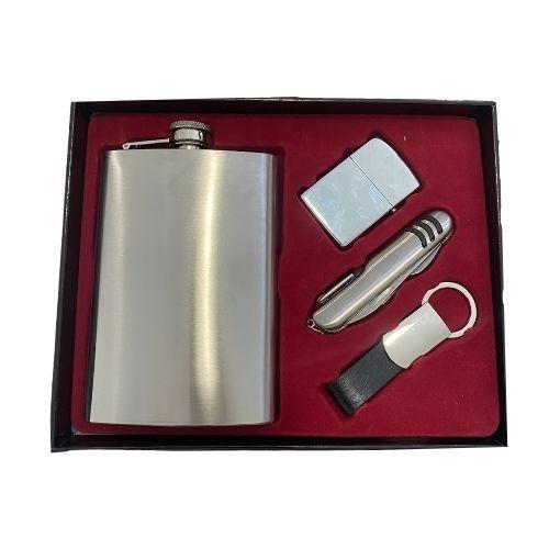 KIT PORTA WHISKY APEX 9 OZ COURO C/ ISQ + CHAVEIRO + CANIVETE REF APGT-TZ120-8-1