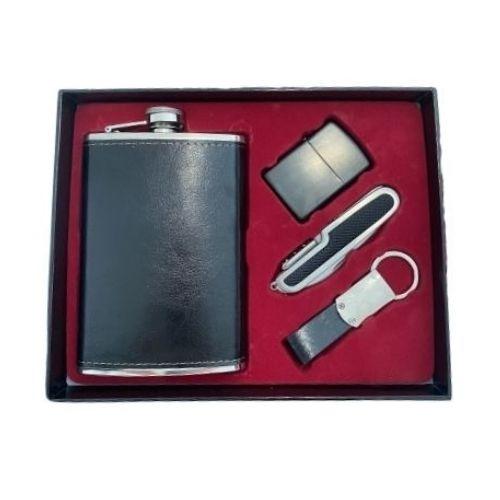 KIT PORTA WHISKY APEX 9 OZ COURO C/ ISQ + CHAVEIRO + CANIVETE REF APGT-TZ120-8-2
