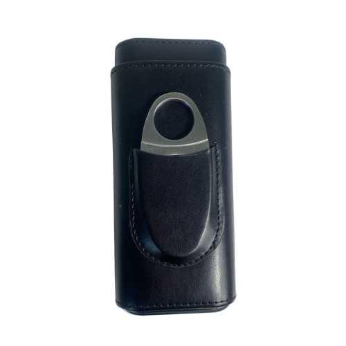 PORTA CHARUTOS DE COURO MARROM E PRETO - 3 CHARUTOS C/ CORTADOR  - REF. HIT-PC-011